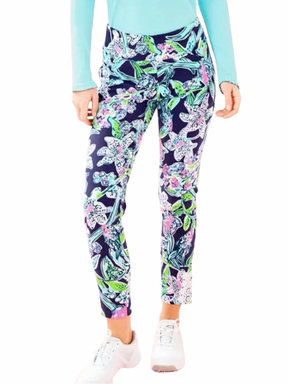 Lilly Pulitzer Luxletic Fairway Pants Sway My Way Lace Trim Pink Navy Size 4